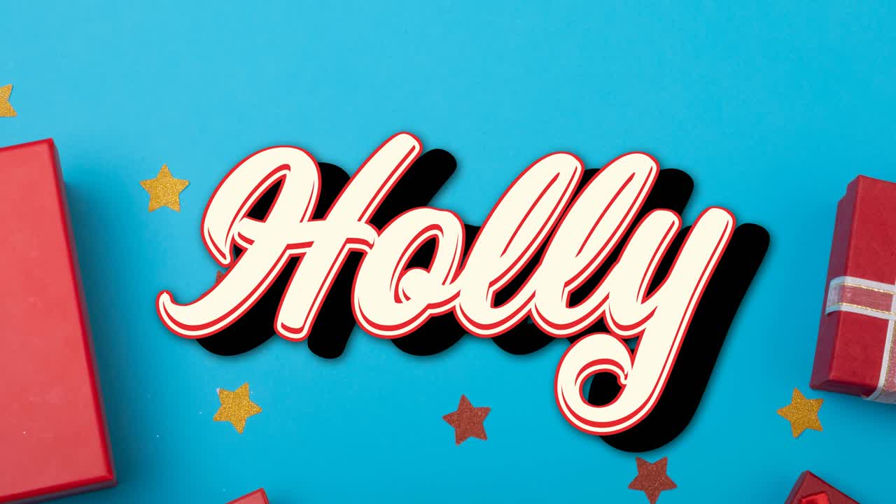 떨어지는 별과 크리스마스 선물 위에 크리스마스 홀리 텍스트의 애니메이션