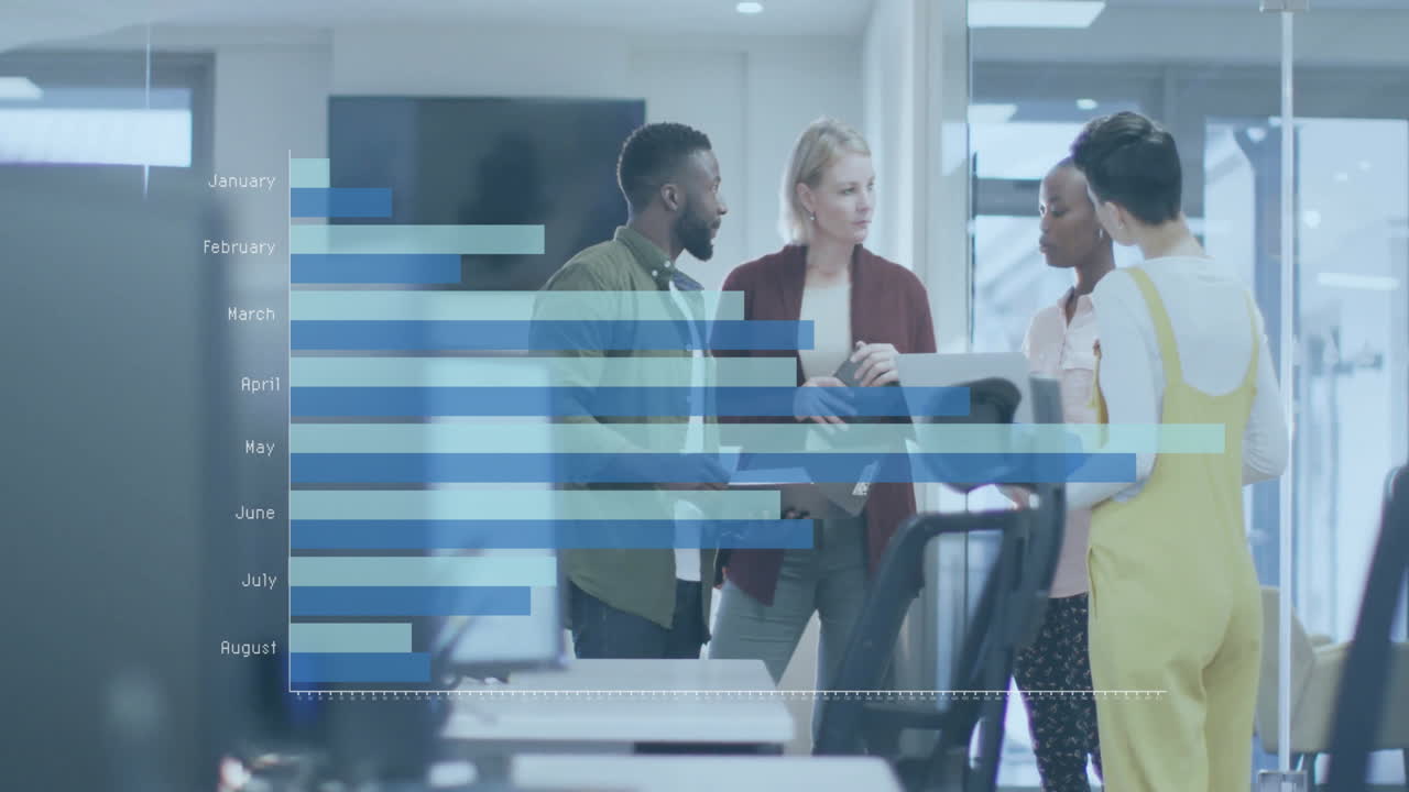 Animation of financial data processing over diverse business people in office