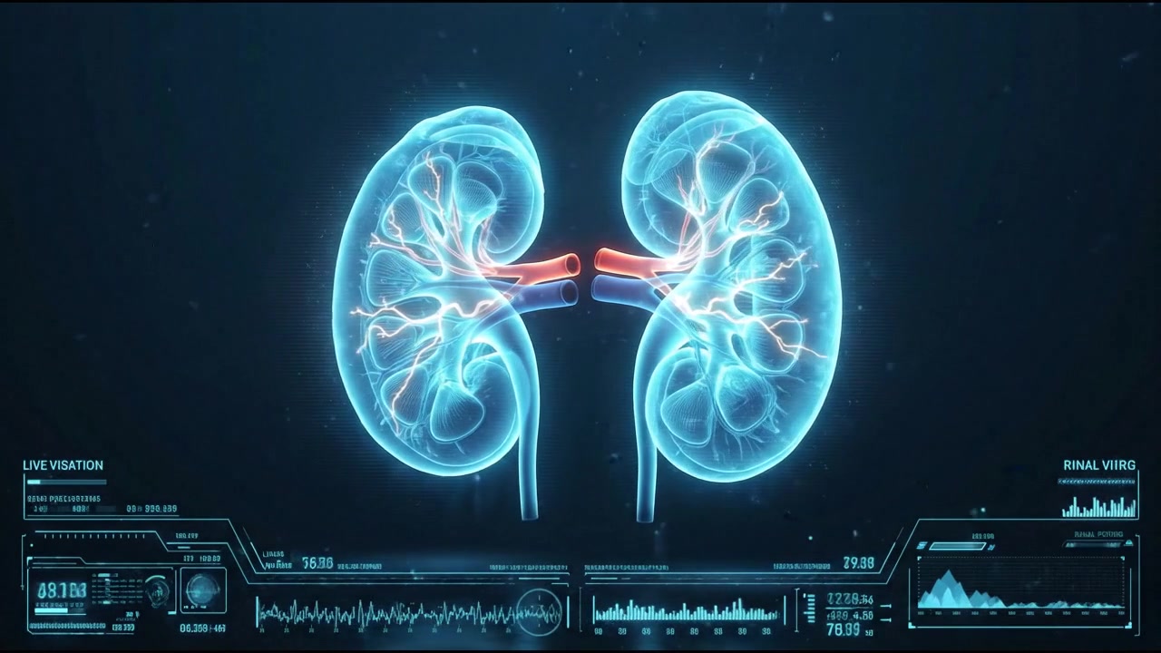 Transparent holographic render of human kidneys with neural pulses