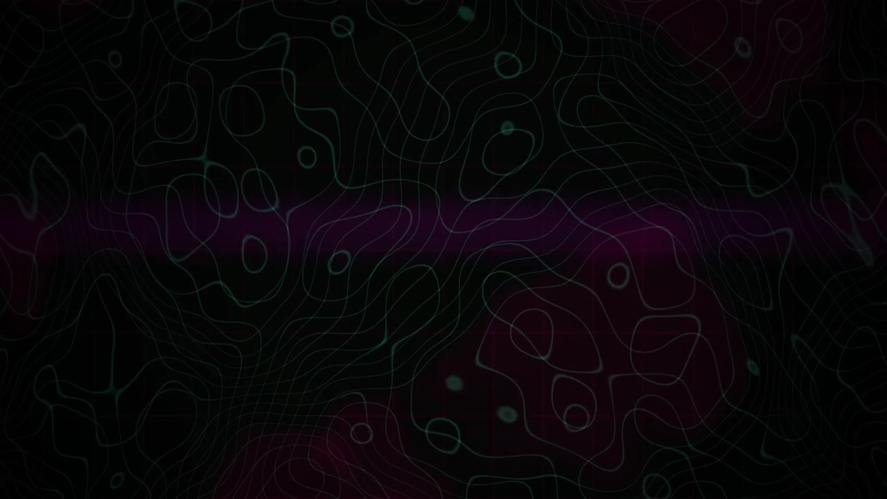 Futuristic Digital Background with Moving Green Contour Lines and Purple Glow