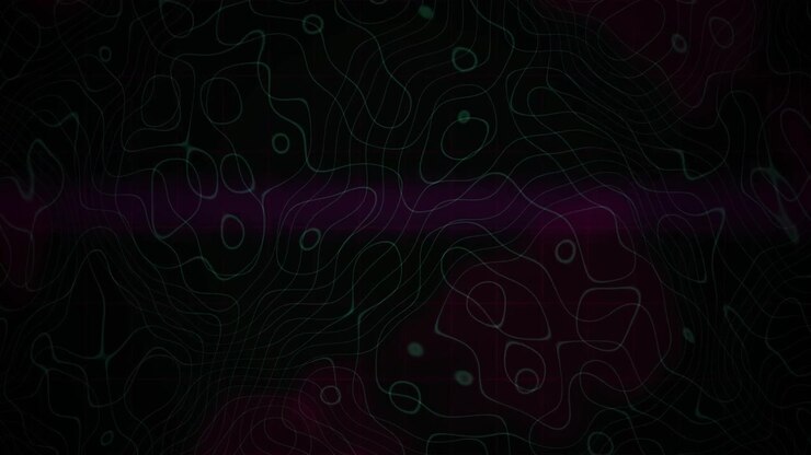 Futuristic Digital Background with Moving Green Contour Lines and Purple Glow