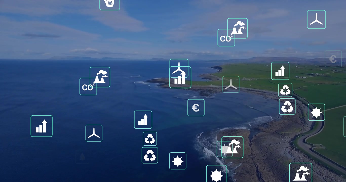 On start animated icons drifting over ocean shore, clustering and showing energy, CO2, recycle data