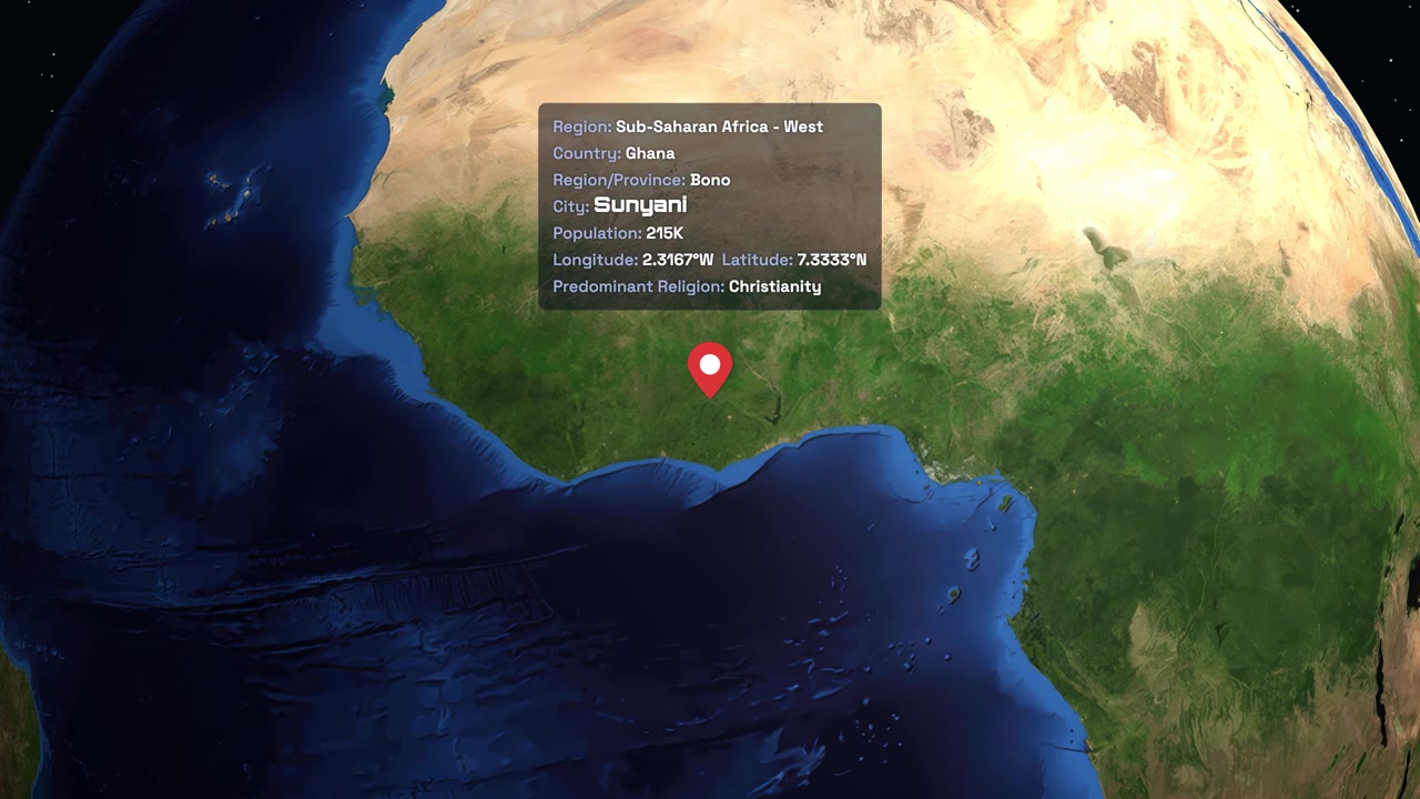 A cinematic camera zooms from outer space into Sunyani, Ghana, displaying regional demographic information