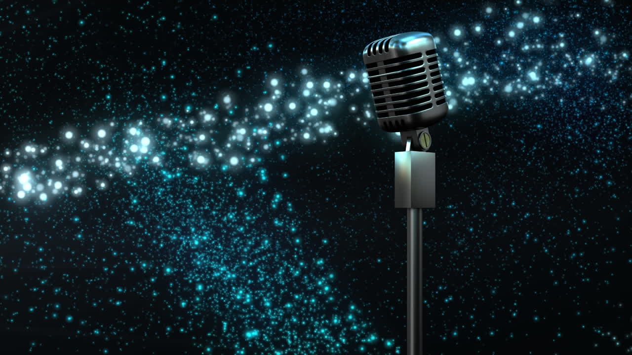 micrófono metálico retro contra una estrella fugaz azul contra un fondo negro