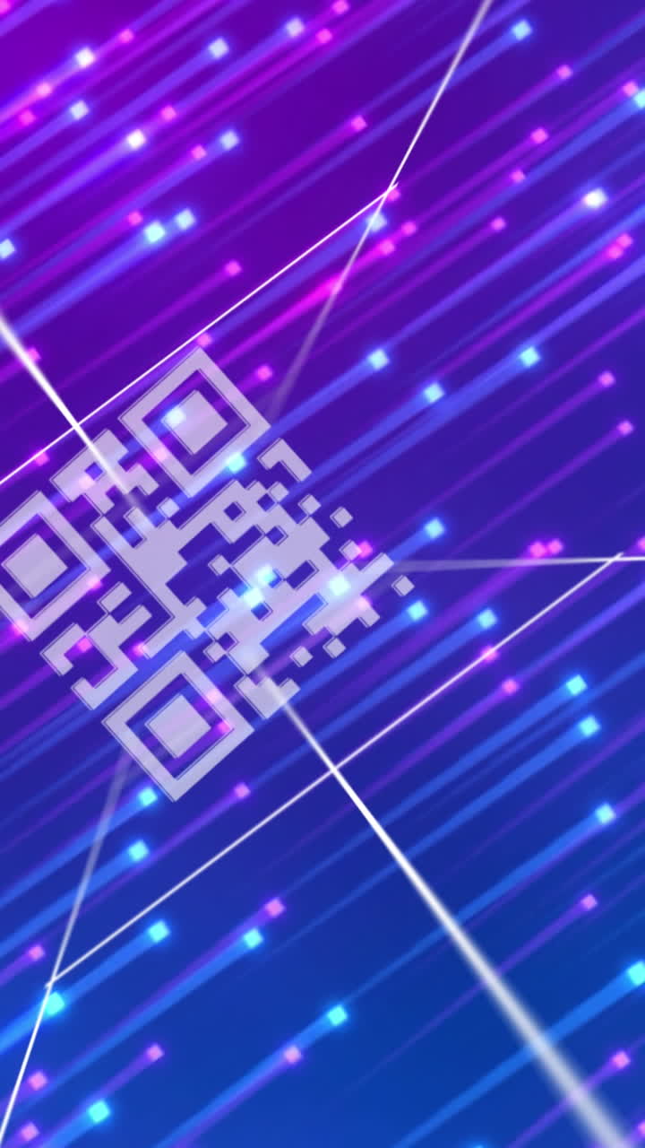 animación del código qr sobre luces azules y rosadas en movimiento