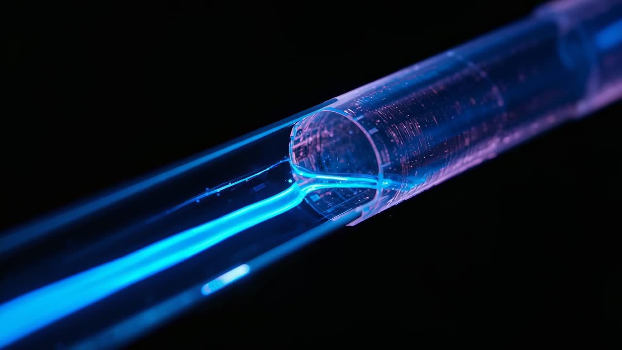 Showing clear tube in macro studio with droplet shifting as blue filaments brightening