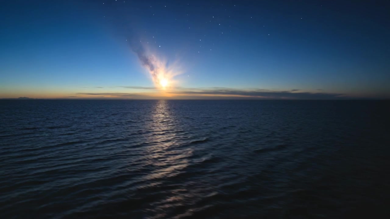 Brightening horizon light casting vertical reflection on open sea, dawning, shaping plume, ripples