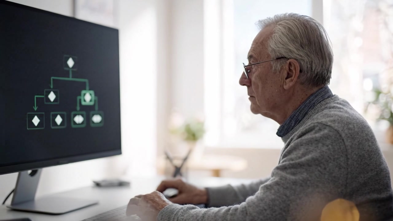 An Experienced Programmer Analyzing Complex Code and Algorithms on a High-Resolution Display in a Bright, Modern Workspace Environment
