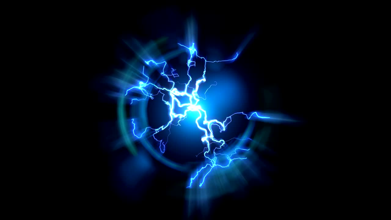 Lightning and bright light in energy ball with spherical plasma radiating electric rays. Looping animation.