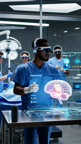 medical professionals using augmented reality for brain simulation in an operating room