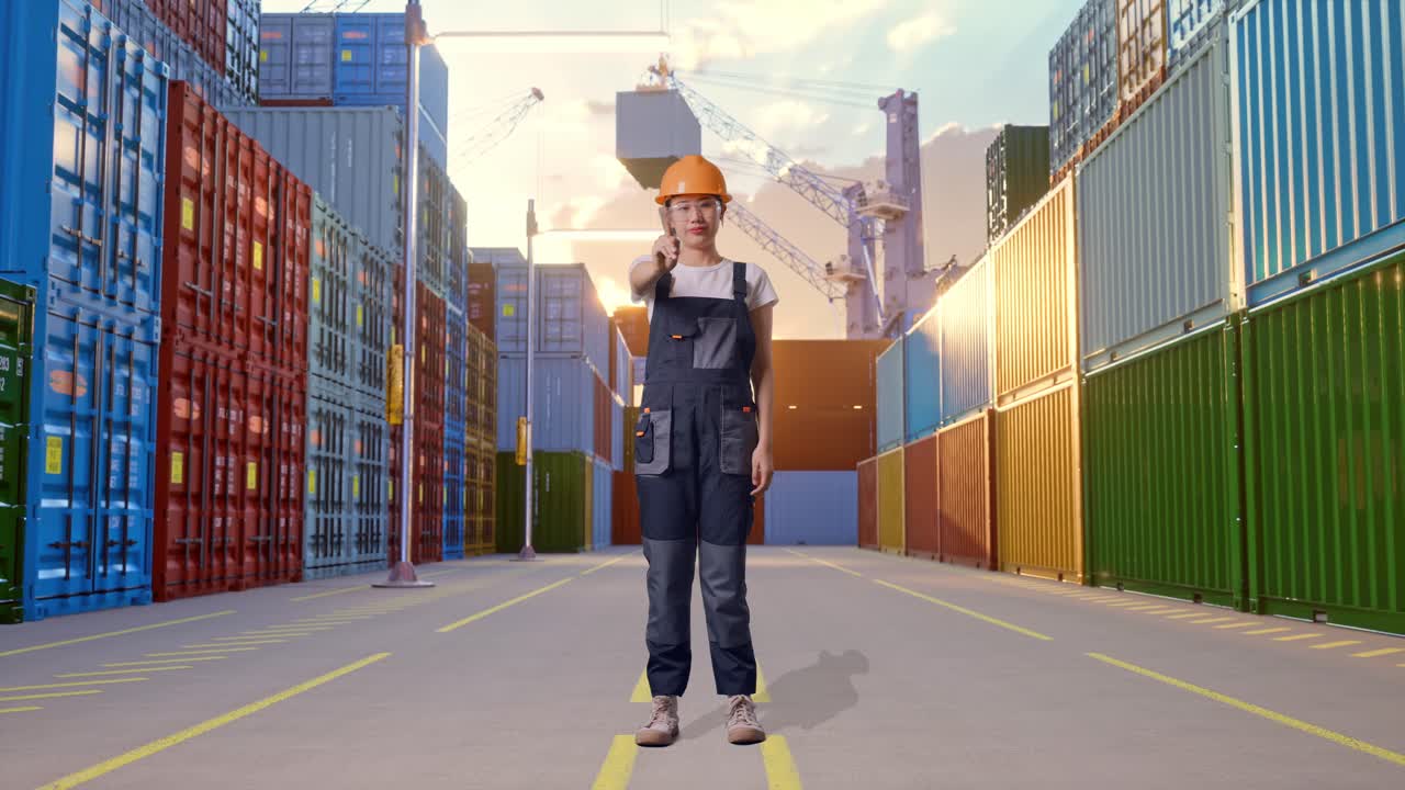 cuerpo lleno de mujer asiática trabajadora con gafas de protección y casco de seguridad apuntando a usted y desaprobando sin señal del dedo índice mientras estaba de pie en el depósito de contenedores