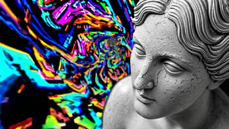 escultura antigua con superposición psicodélica