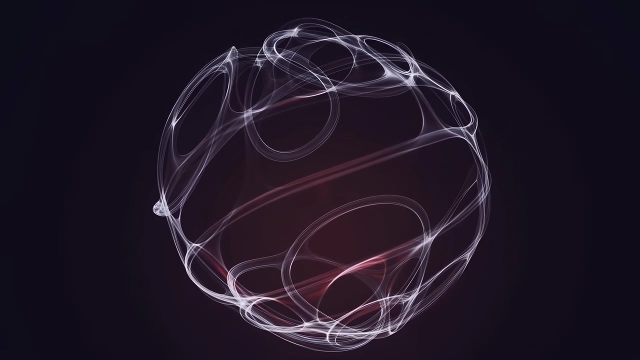Frontal medium close view of central abstract orb formed by thin translucent white filaments and looping circular rings, showing visible internal shifting as upper loops tighten and lower arcs