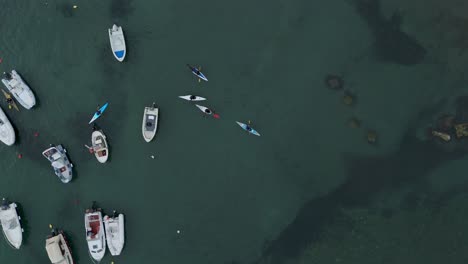 Toma-Aérea-De-Kayakistas-Entre-Barcos-Amarrados-En-Génova-Nervi,-Italia,-Agua-Clara