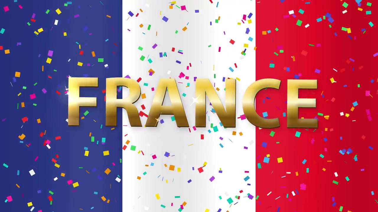 Bandiera tricolore francese animata che sventola con testo "France" in oro metallizzato e coriandoli colorati che cadono