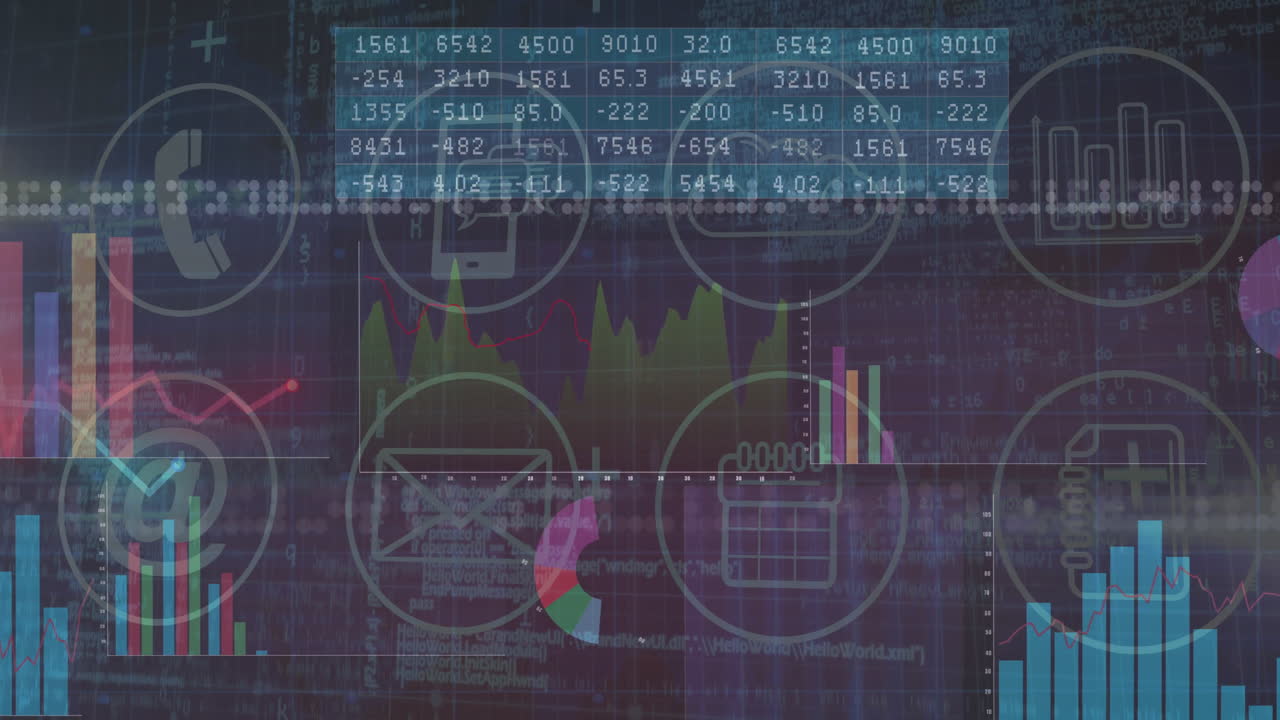 Analyzing financial data with digital interface, charts, graphs, and icons displayed