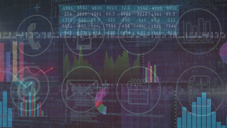 analyzing financial data with digital interface, charts, graphs, and icons displayed