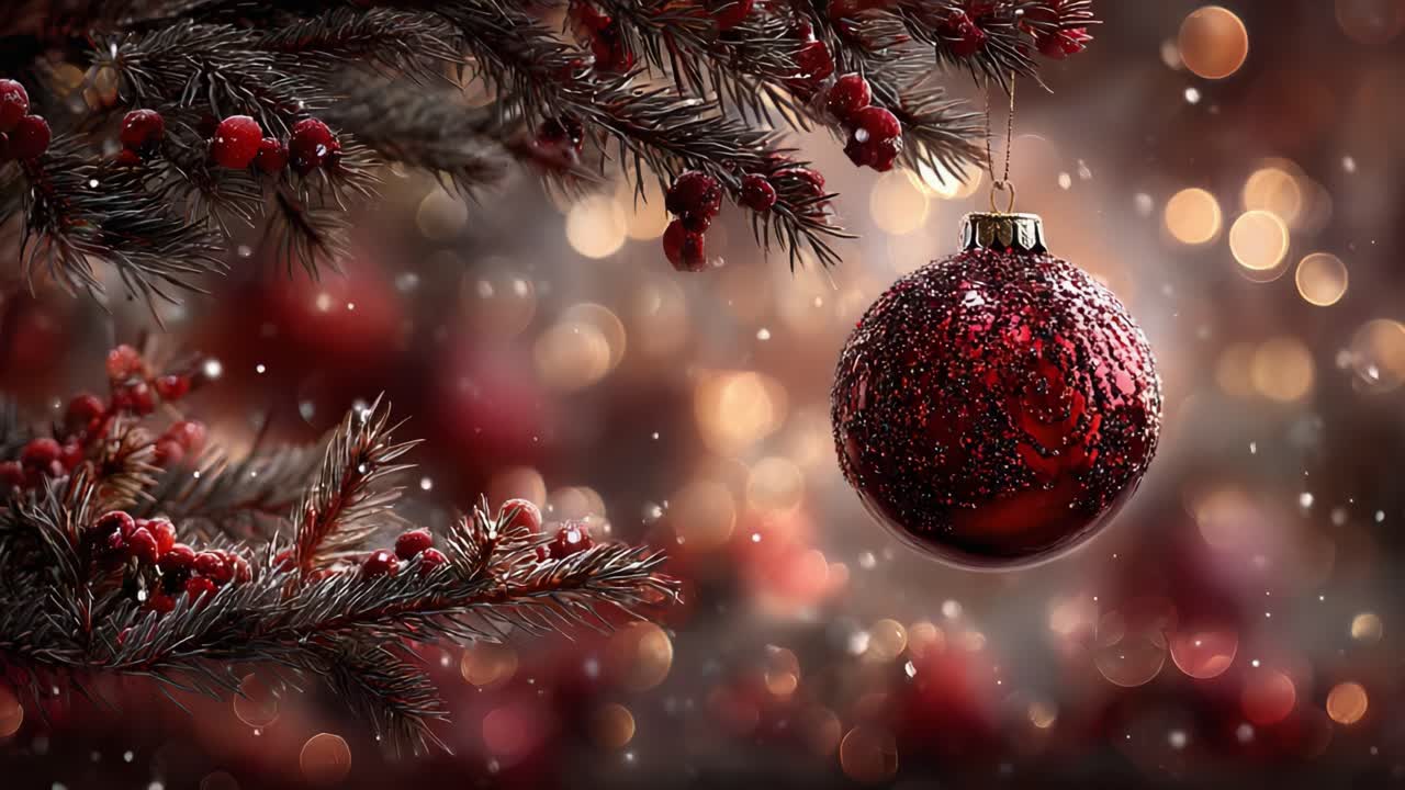 Un bellissimo ornamento natalizio decorato è appeso a un ramo di pino, circondato da luci bokeh festive e fiocchi di neve, perfetto per creare un'atmosfera di festa