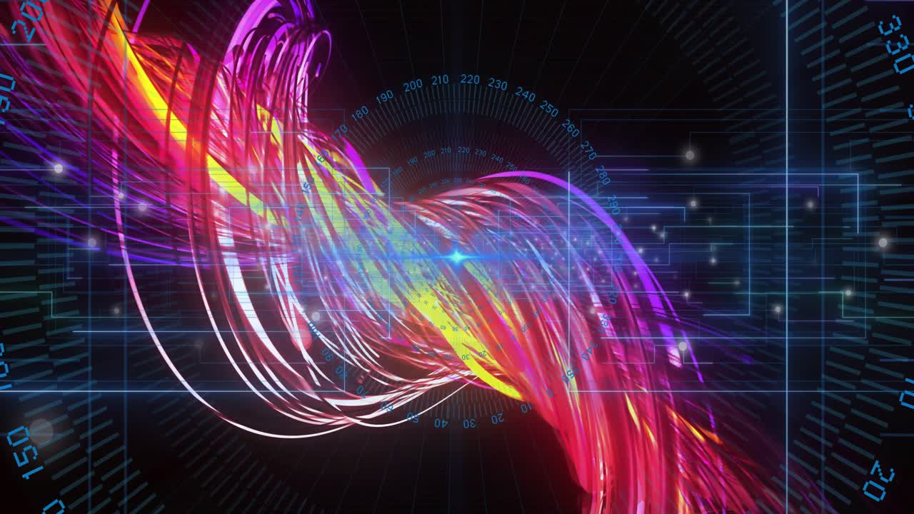 Multicolored energy ribbon emerging from left edge twisting inward central node showing data flow