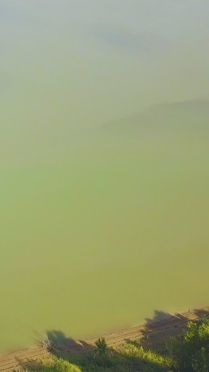 round aerial view from couple on high steep bank over green tranquil river with flying bird to distant town on sunny day