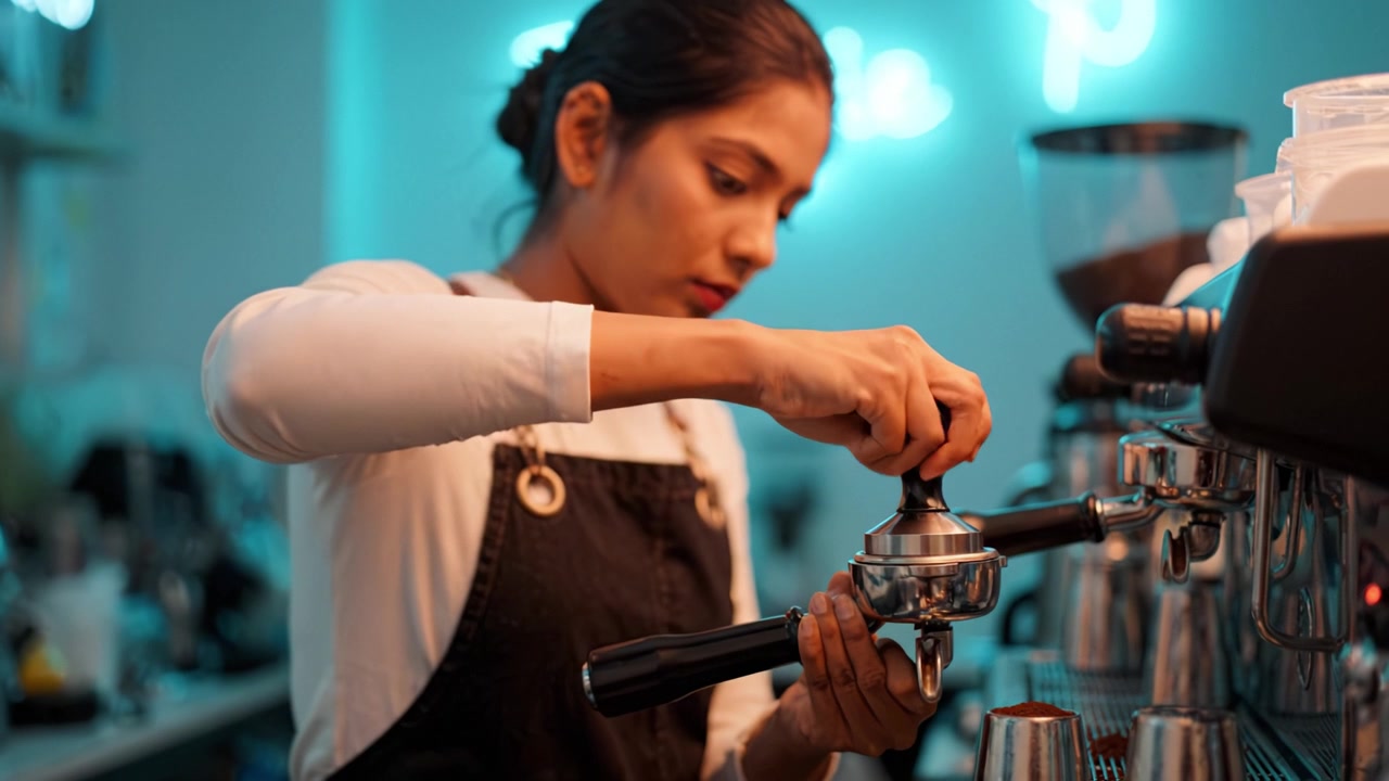 Erfahrener Barista bereitet gekonnt Kaffee in einem angesagten Café zu, wobei lebhafte Neonlichter das Ambiente aufwerten und den Kaffeezubereitungsprozess hervorheben.