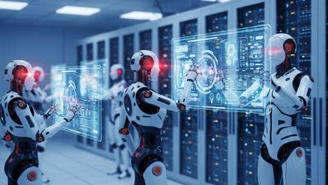 advanced robotics in data management: an insight into the interaction of ai-driven robots displaying digital interfaces in a high-tech server environment