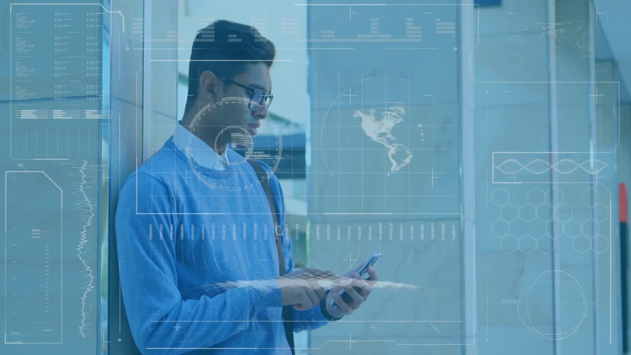 Animation of financial data processing over man using smartphone