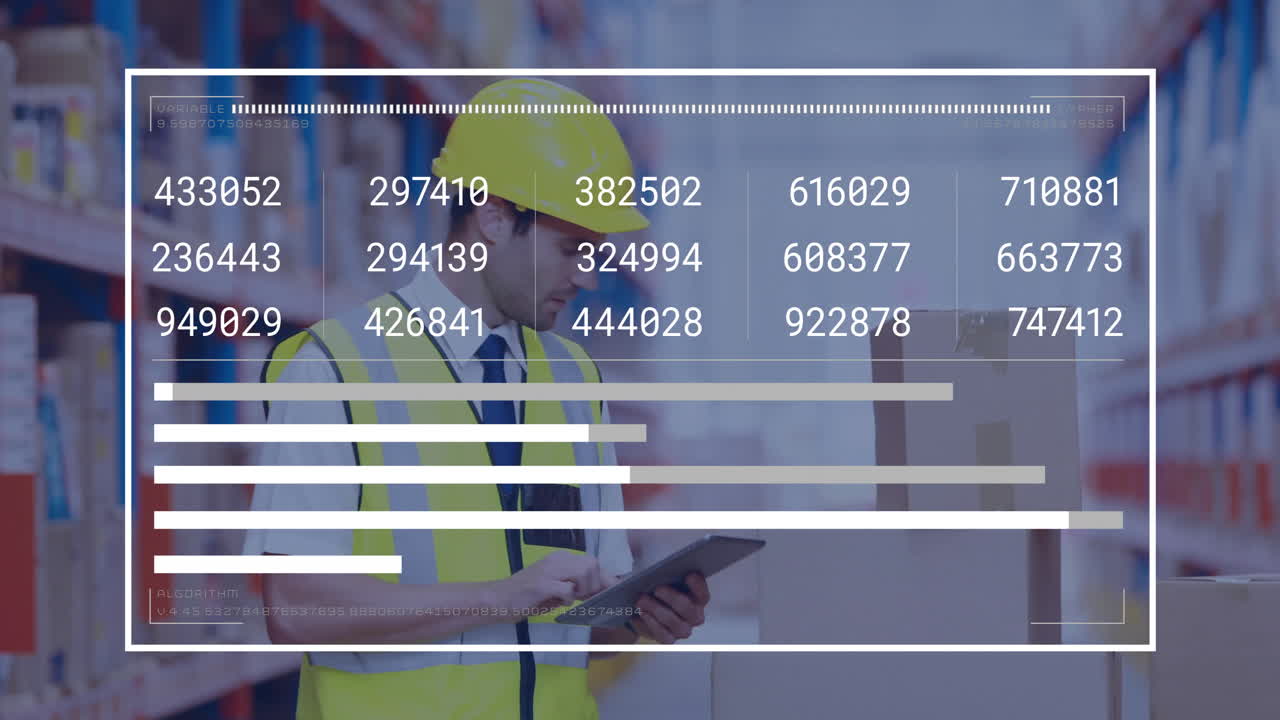 Warehouse worker in safety gear using tablet with data processing animation overlay
