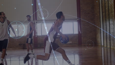 animation of networks of connections over group of diverse basketball players at gym