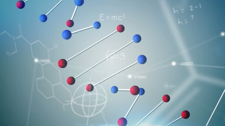 Animation of dna strand and medical data processing on blue background