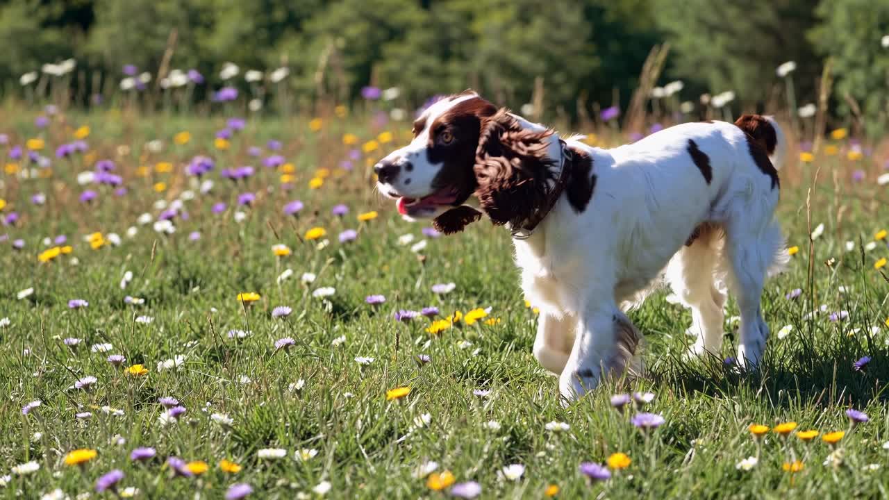 Oyuncu bir köpek, canlı kır çiçekleriyle dolu bir çayırda yürüyor. Göz hizasında çekilmiş bu video