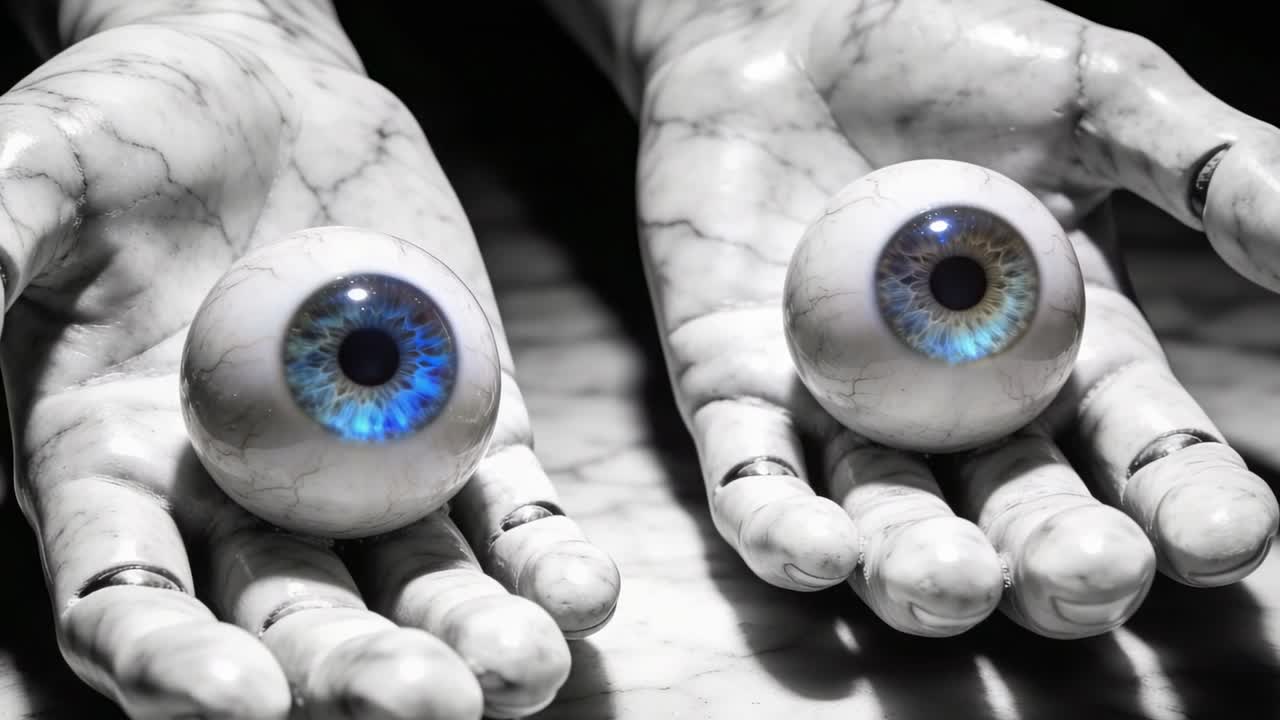 Un cambiamento di illuminazione fa ruotare mani che tengono finti bulbi oculari blu su un tavolo da studio, con anelli che scintillano.