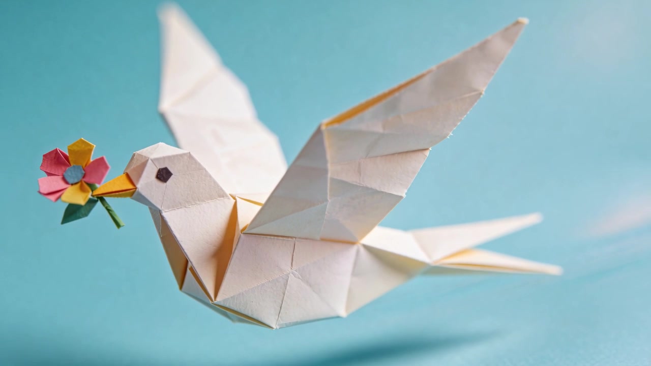 Una colomba origami che plana e tiene un fiore di carta in uno studio blu, con la telecamera che avanza suggerendo il volo.
