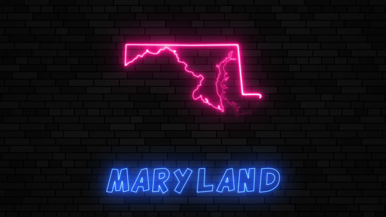 estado de maryland mapa silueta con línea de neón en un fondo de pared de ladrillo oscuro