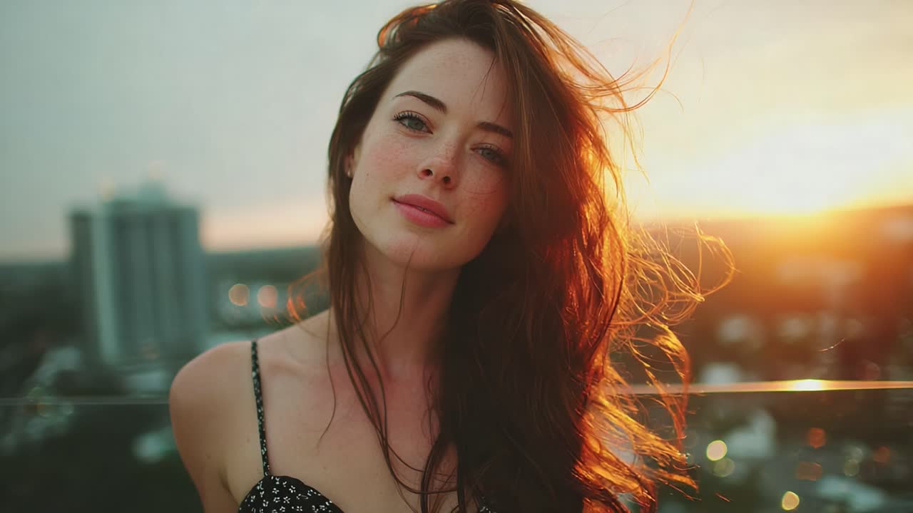 Retrato cativante de uma mulher ao pôr do sol com cabelos esvoaçantes, iluminada por uma luz quente e tendo um belo horizonte urbano no plano de fundo