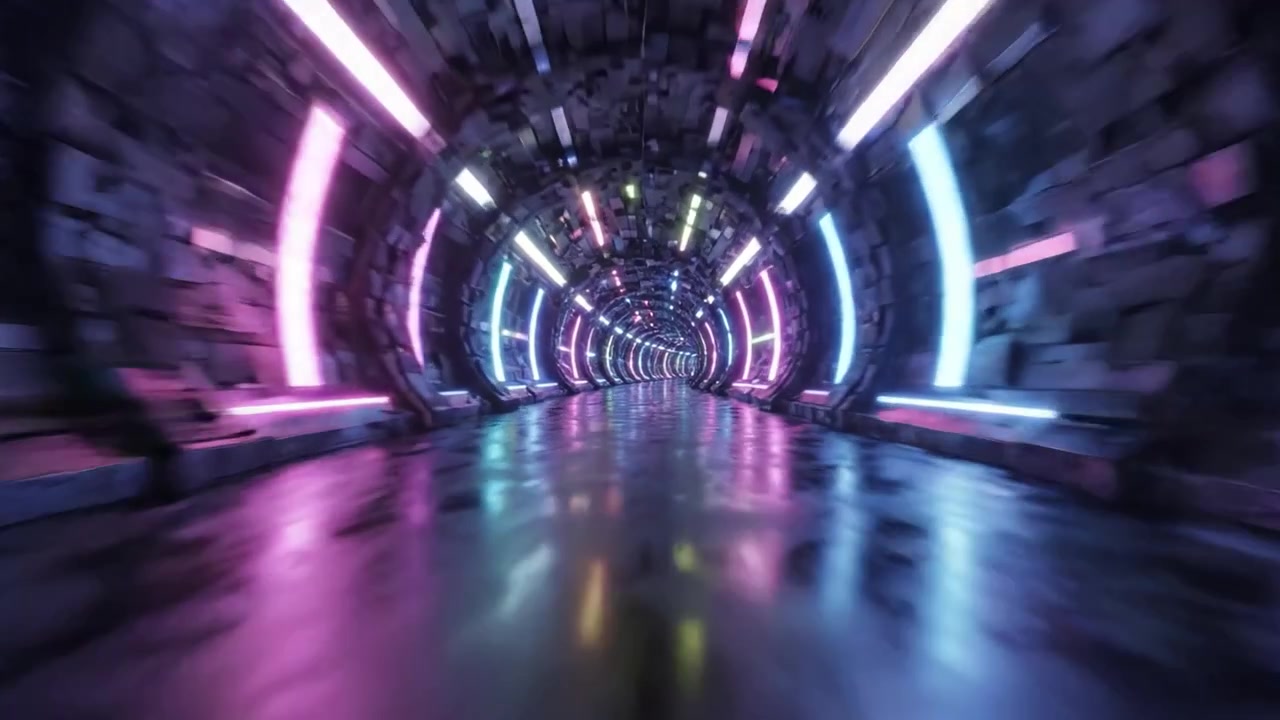 Un tunnel futuristico al neon si addentra nell'ignoto, fondendo colori e luci in un viaggio ipnotico attraverso un passaggio ad alta tecnologia.