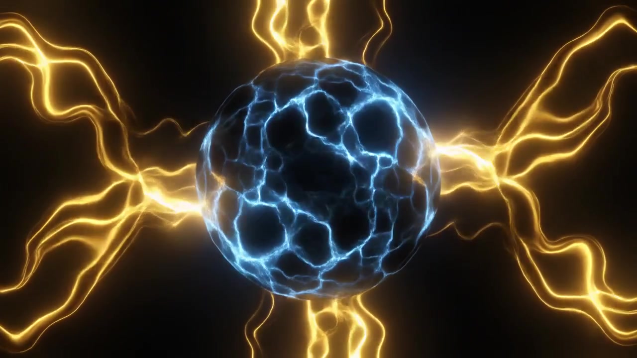 Sfera di energia blu luminosa astratta con fulmini dorati che si irradiano