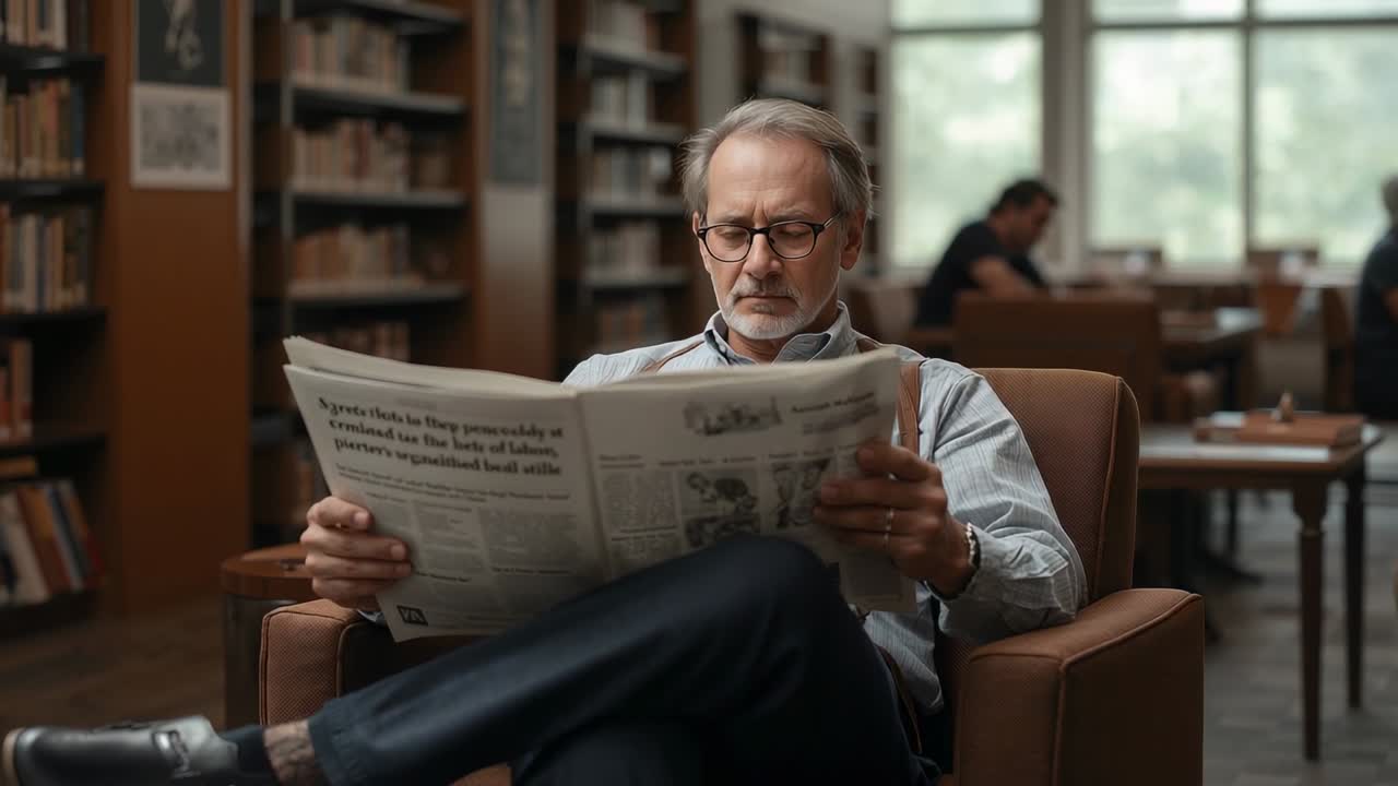Reading senior man in shirt, glasses adjusting unfolded newspaper after gaze shift, reading news