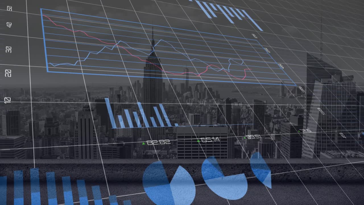 animación del procesamiento de datos estadísticos a través de la red de cuadrícula frente a una vista aérea del paisaje urbano