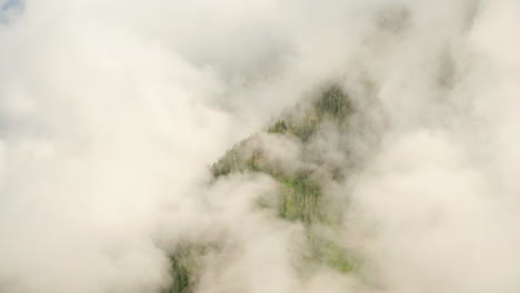 Toma-Aérea-Hacia-árboles-De-Coníferas-En-La-Ladera-De-Una-Montaña-Rodeada-De-Nubes