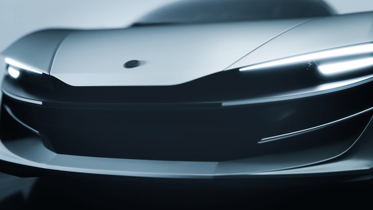 Vista frontale ravvicinata di un'auto sportiva moderna e futuristica