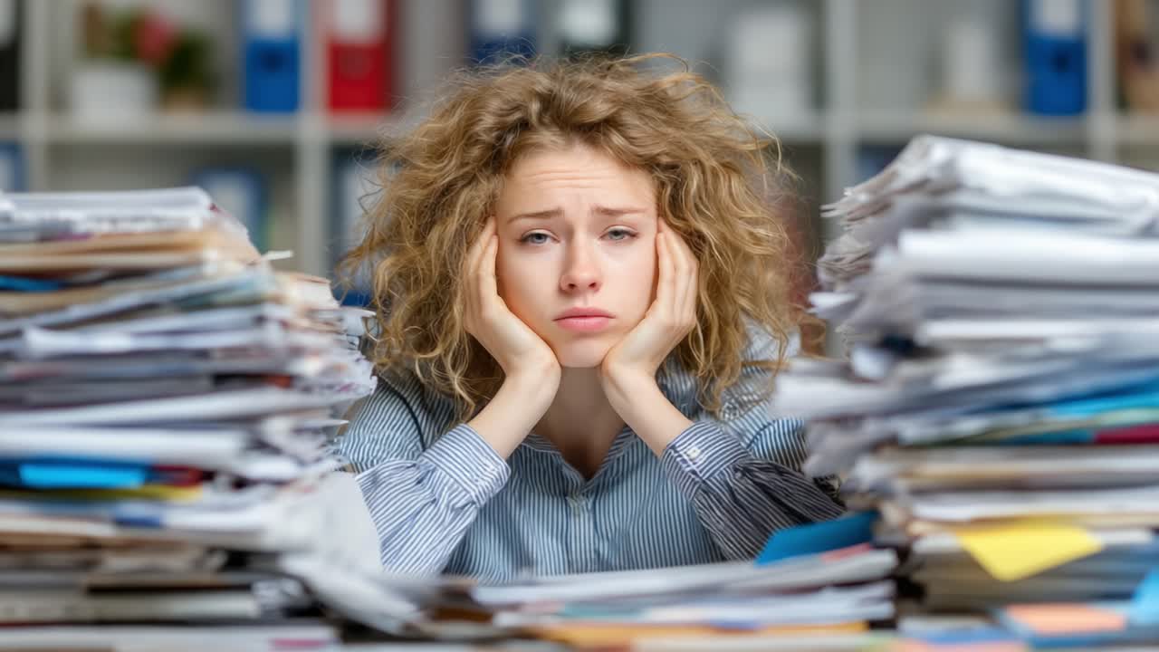 Overwhelmed and Frustrated: A Young Woman Struggles with a Mountain of Paperwork While Staring Blankly at the Chaos Surrounding Her in the Office Environment