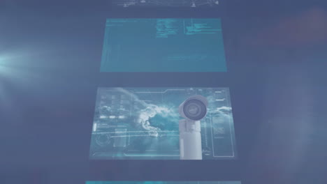 animación digital de múltiples pantallas con procesamiento de datos contra un punto de luz sobre fondo azul
