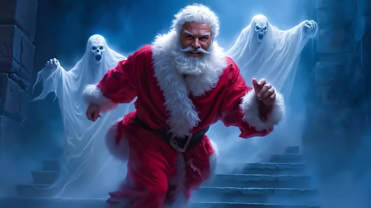 A man dressed as Santa Claus running with three ghosts in the background