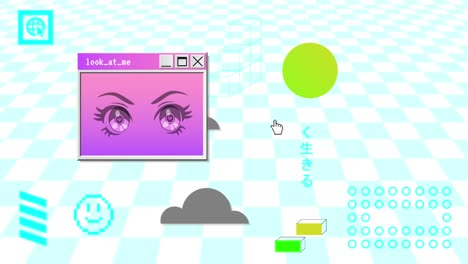 retro vaporwave poster with user interface elements, anime eyes and cartoon illustrations. trendy old aesthetic background. video game concept.