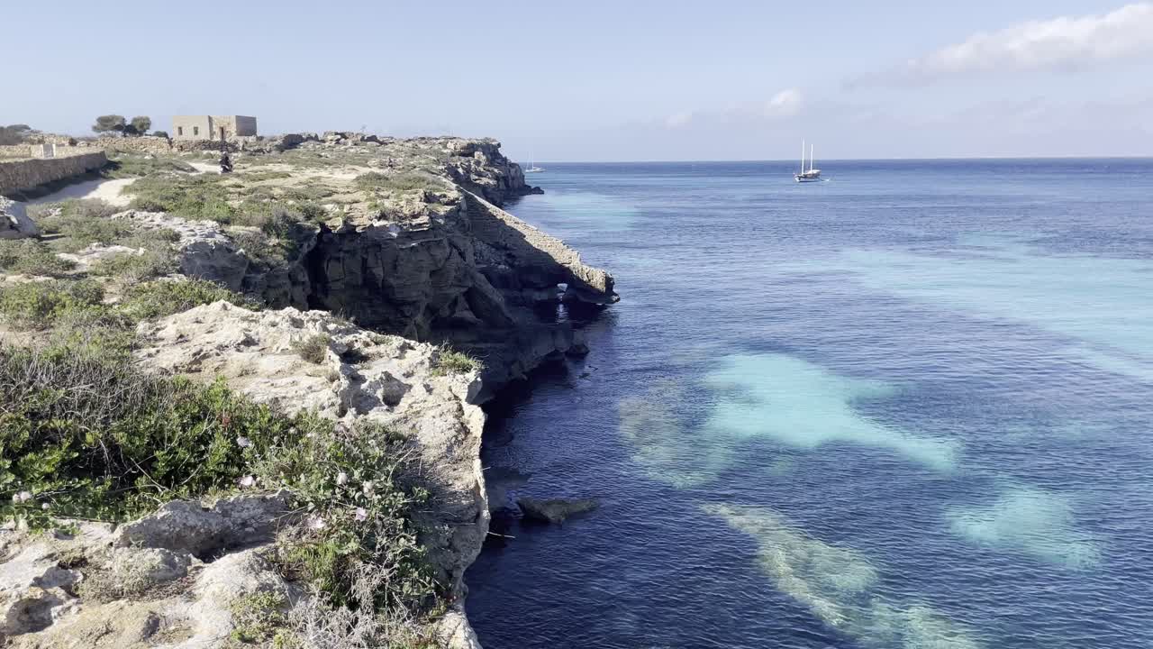 Steep coastal sea cliff drops off into turquoise blue ocean water with sailboat