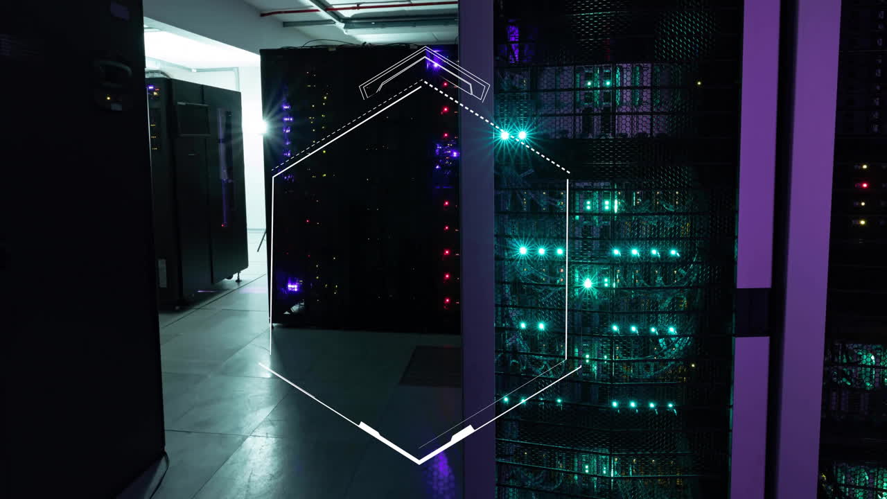 Animation of hexagonal scanner frame over glowing computer servers in server room