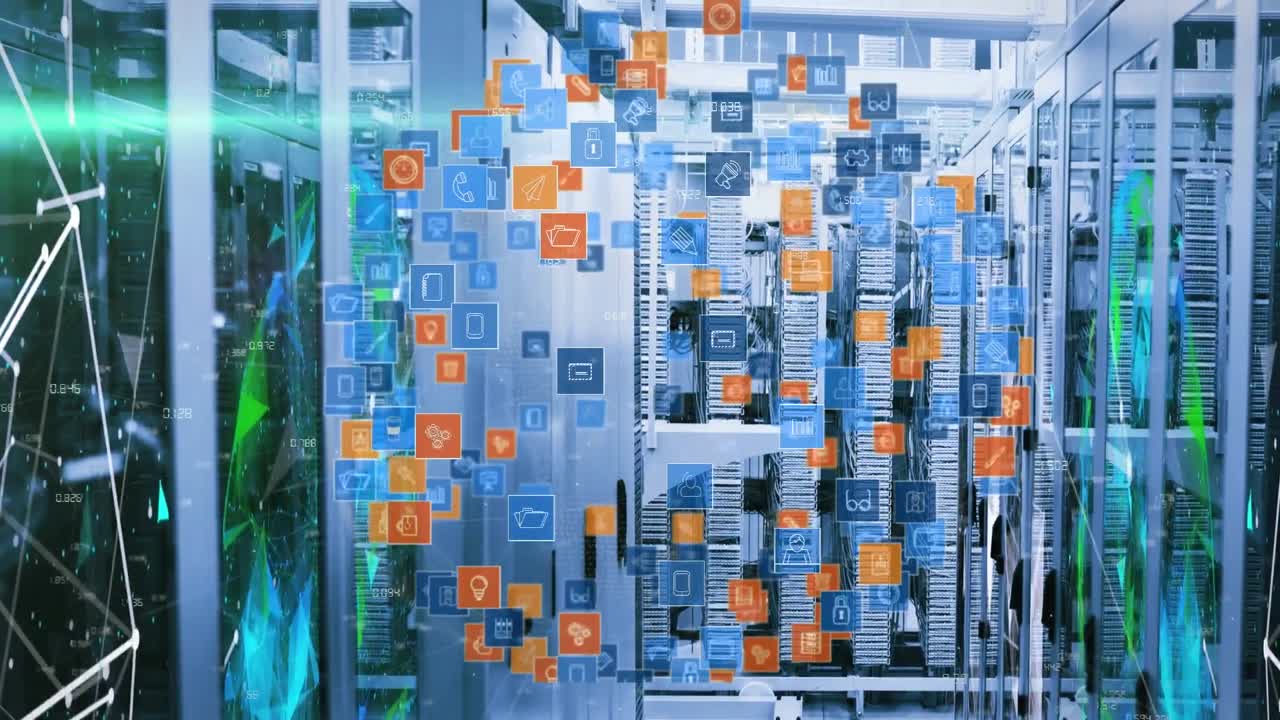 animación del globo hecho de iconos que giran sobre los servidores