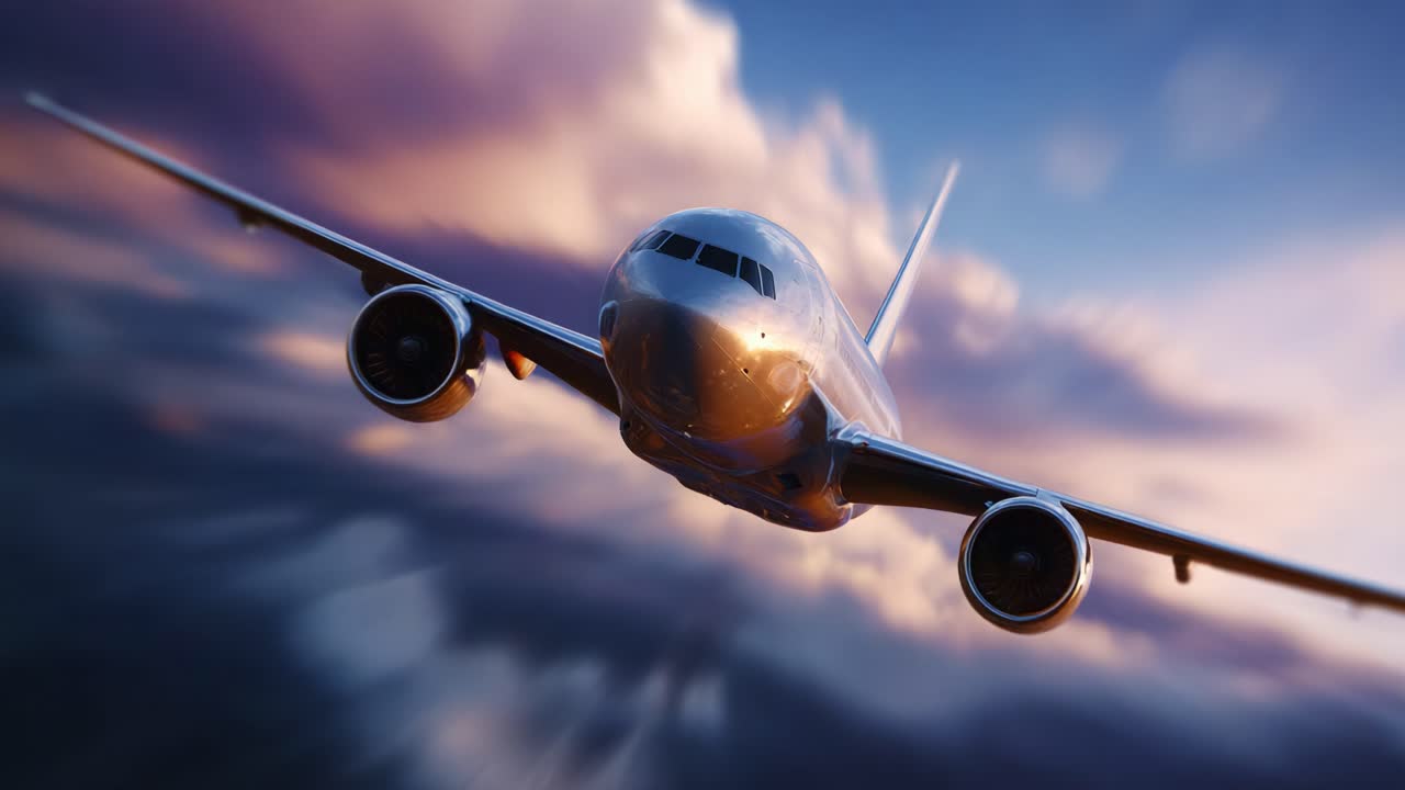 Ein majestätisches Flugzeug, das durch einen strahlenden Himmel fliegt und während des Sonnenuntergangs über den Wolken navigiert, um die Schönheit des Flugs und der technologischen Innovation zu zeigen
