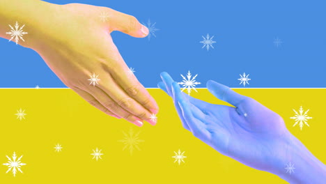 animación de copos de nieve sobre manos cortadas que se unen contra la bandera de ucrania